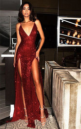 Glamorous Red V-Neck Sequins Prom Dress with Split